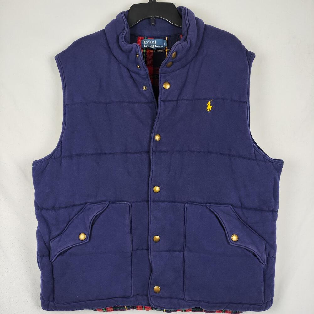 Polo Ralph Lauren Vest Mens Large Purple Fleece Quilted Snap Front Plaid Lined